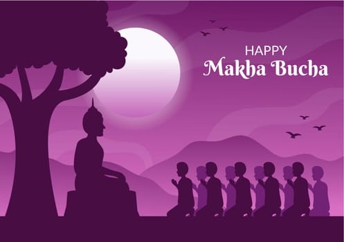 Happy Makha Bucha Day Template Hand Drawn Cartoon Flat Illustration Buddha Sitting in Lotus Flower under Bodhi Tree at Night Surrounded by Monk