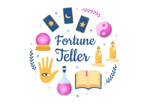Fortune Teller Template Hand Drawn Cartoon Flat Illustration with Crystal Ball, Magic Book or Cards for Predicts Fate and Telling the Future Concept