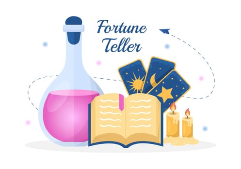 Fortune Teller Template Hand Drawn Cartoon Flat Illustration with Crystal Ball, Magic Book or Cards for Predicts Fate and Telling the Future Concept