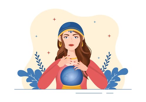 Fortune Teller Template Hand Drawn Cartoon Flat Illustration with Crystal Ball, Magic Book or Cards for Predicts Fate and Telling the Future Concept