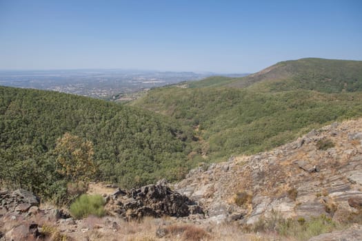 La Desespera waterfall. viewpoint. Rocky dry bed at summer season, Piornal, Caceres, Extremadura, Spain