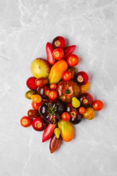 Assortment of fresh colourful tomatoes, top view