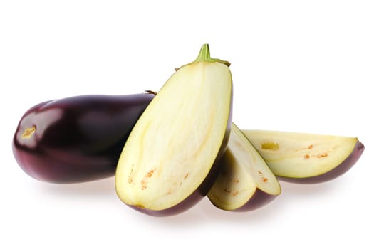 Fresh whole eggplant and cut on parts isolated on white background