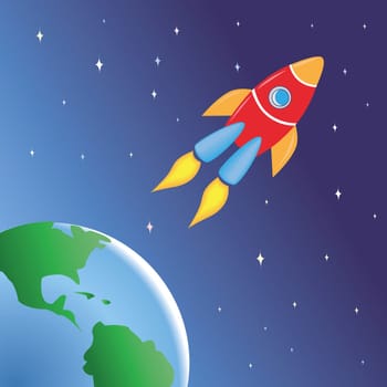 Children-style drawing of a rocket flying in spice out of the Earth. From the KidColors series.