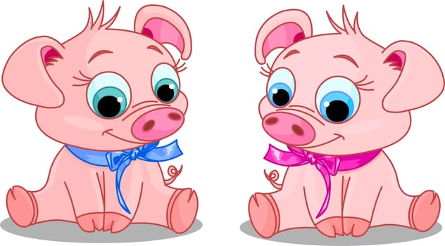 Two baby piglets boy and girl. Vector illustration