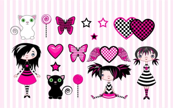 Set of cute emo-stile girls, cats and objects