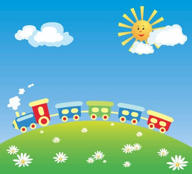 A vector illustration of a steam train running on the hill. Compositions contains a steam engine with several cars, daisies on a green hill, and a blue sky with yellow sun and white clouds. From the KidColors series..