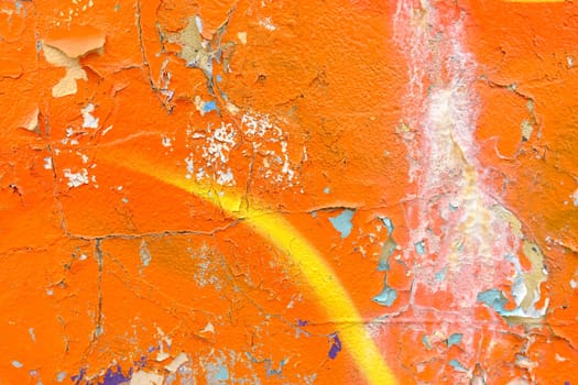 Colorful wall background with damaged paints of orange.