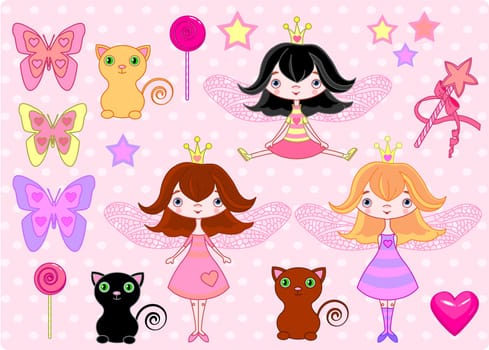 Set of cute fairy princess girls, cats and objects