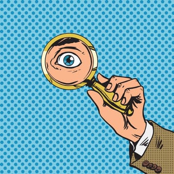 Look through a magnifying glass searching eyes pop art comics retro style Halftone. Imitation of old illustrations
