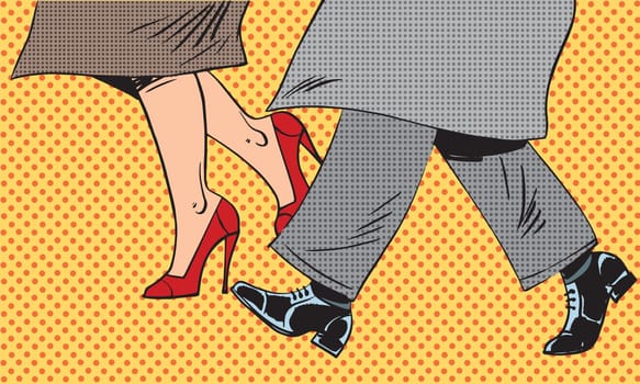 Feet man and woman in the Shoe go in bad weather on the street pop art comics retro style Halftone. Imitation of old illustrations