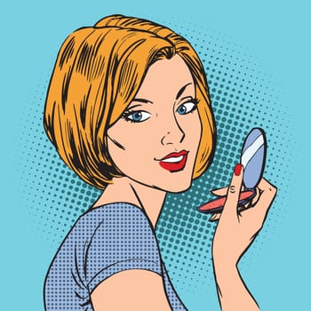 The face of a girl with her compact mirror makeup woman pop art comics retro style Halftone. Imitation of old illustrations