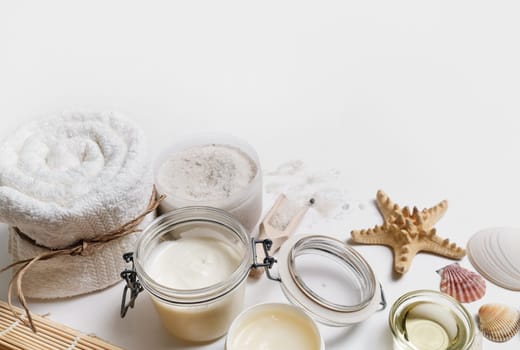 Beauty and spa wellness products and toiletries. Copy space for text.