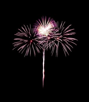 Beautiful colorful fireworks exploding in the night sky, isolated on black background. New year and anniversary concept.