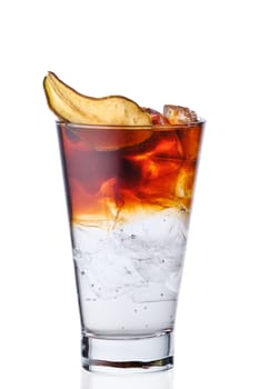 Espresso and tonic with pear syrup in highball glass isolated on white background