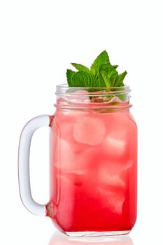 Cold strawberry lemonade in mason jar isolated on white background