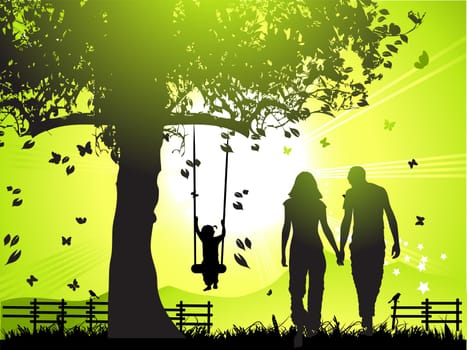 Happy family walks on nature, sunset