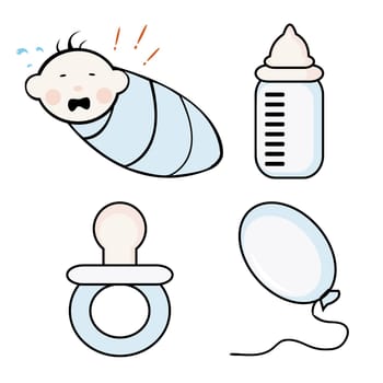 Set for newborn (boy, dummy, balloon, small bottle). Vector illustartion.