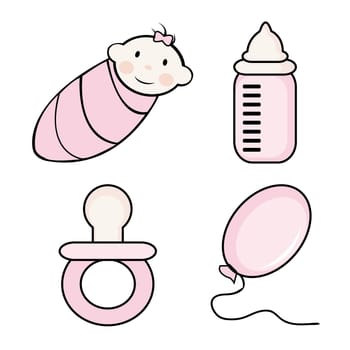 Set for newborn (girl, dummy, balloon, small bottle). Vector illustartion.