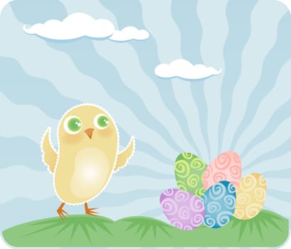 Happy little baby chick finds a colorful pile of decorated eggs on Easter morning