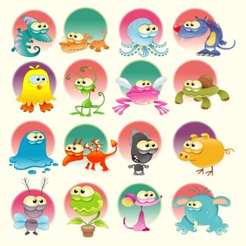 Family of monsters, cartoon and vector characters with background