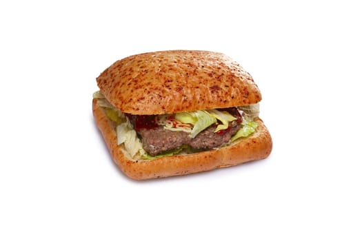 Layout for menu. Burger with beef, bell pepper, cabbage, cucumber and cheese