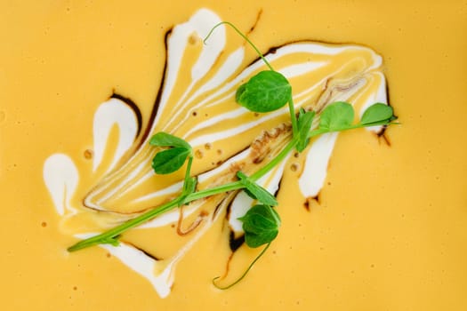 Macro photo of pumpkin puree soup with barbecue sauce and sour cream
