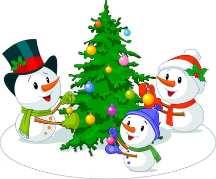 Snowmen family decorate Christmas tree
