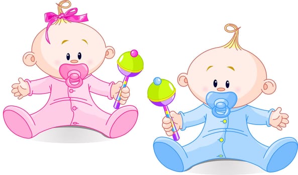Twin Baby Boy And Girl  playing with rattles