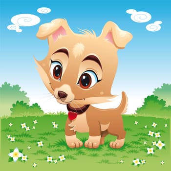 Baby dog in the meadow, funny vector and cartoon character