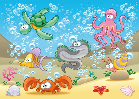 Family of marine animals in the sea - funny cartoon and vector characters with background