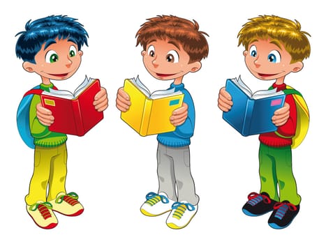 Three boys are reading, cartoon and vector characters
