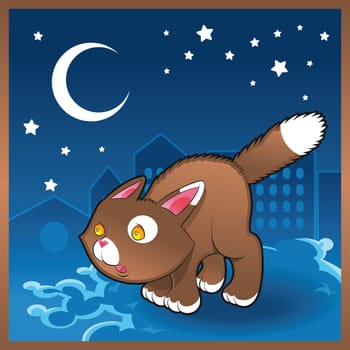 Baby cat in the night, cartoon and vector illustration