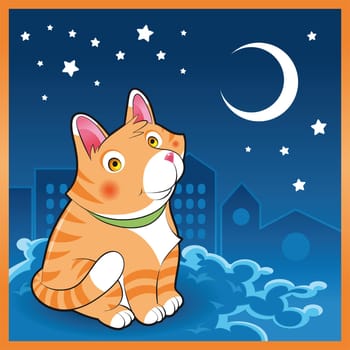 Baby cat in the night, cartoon and vector illustration