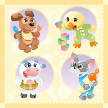 Little pets with background, cartoon and vector characters