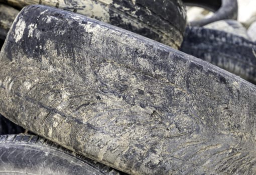 Detail of old car tires, environmental disaster, recycling
