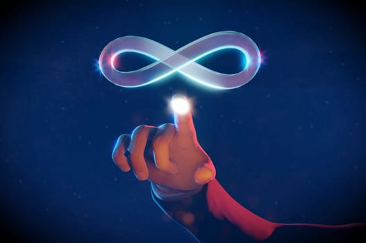 Business man Hand touch metaverse infinite loop unlimited technology futuristic digital connection backg