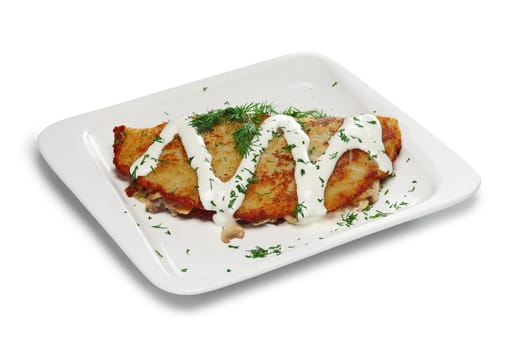 Layout for menu. Potato pancake stuffed with bacon and cheese