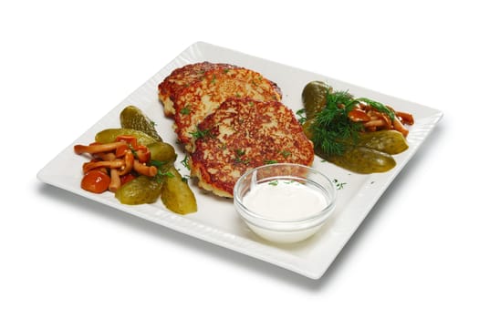 Layout for menu. Draniki, traditional russian potato pancakes with pickled vegetables