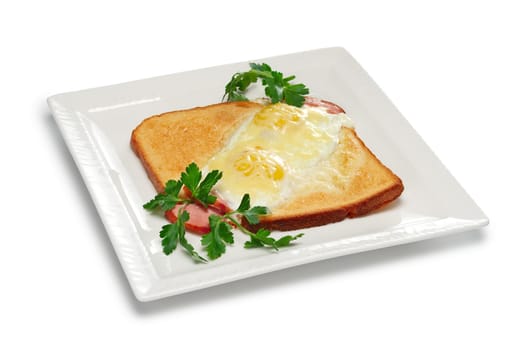 Layout for menu. Fried egg with ham on piece of bread