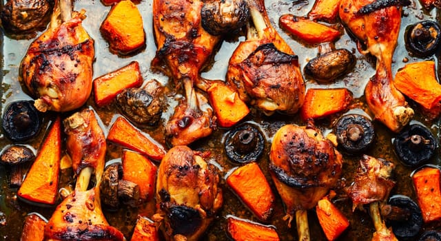Chicken marinated meat in ginger sauce. Chicken legs fried with pumpkin and mushrooms. Food background