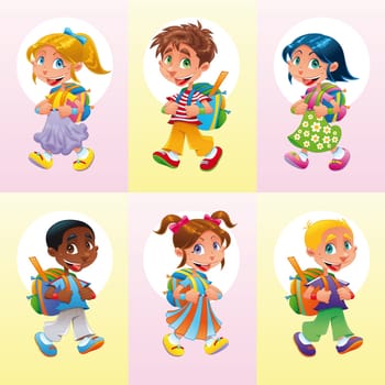 Students go to school, with background.  Cartoon and vector character