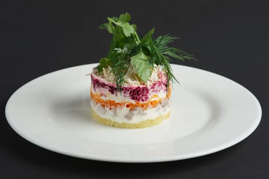 salad herring with beetroot, potato and mayonnaise