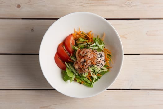 Salad with shrimps, cucumber, tomato and mustard sauce