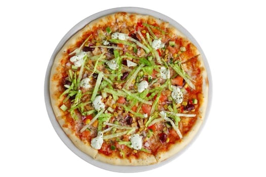 Top view of vegetarian pizza with corn, bean, mozzarella isolated on white