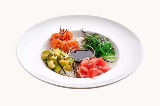 Salmon sashimi rice bowl with avocado, seawed, tomato and soy sauce isolated on white