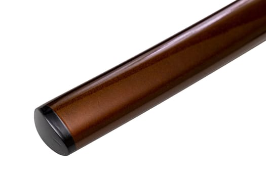 Close up the end of 'Saya' - shiny glossy brown gold scabbard with black horn tip of a 'katana' - Japanese long Sword isolated in white background. selective focus.