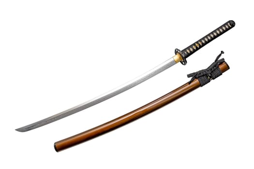 Japanese sword with black cord, steel fitting and shiny brown gold scabbard on white background. Selective focus.