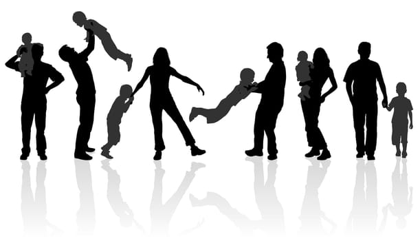 Silhouette Happy Family on Walk in Action, Vector Illustration for Design