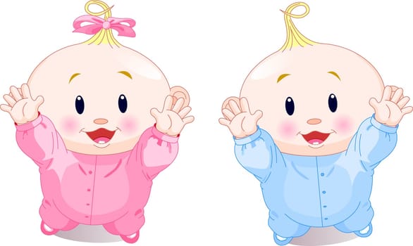 .Vector illustration of lovely twins with hands up